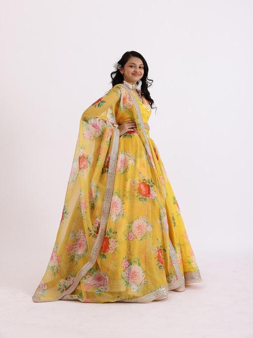 Sample Yellow Sabya Printed Lehenga Set With Top & Dupatta