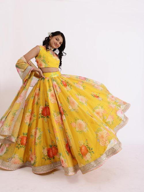 Sample Yellow Sabya Printed Lehenga Set With Top & Dupatta