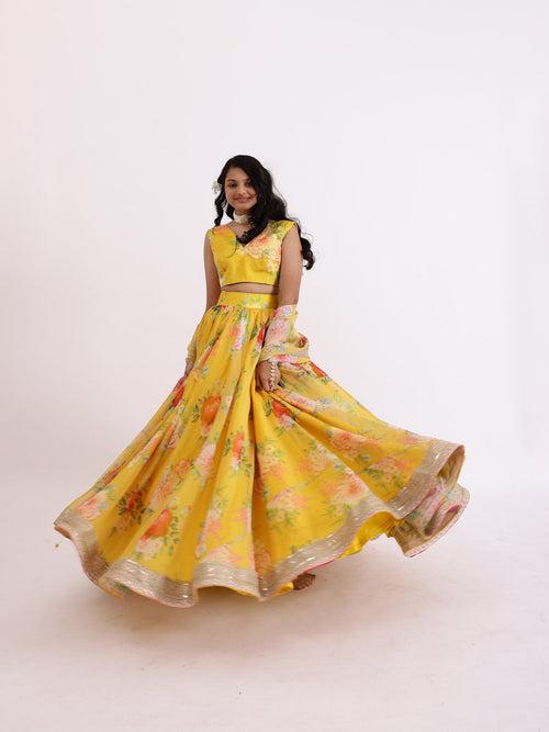 Sample Yellow Sabya Printed Lehenga Set With Top & Dupatta