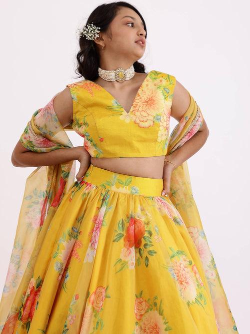 Sample Yellow Sabya Printed Lehenga Set With Top & Dupatta