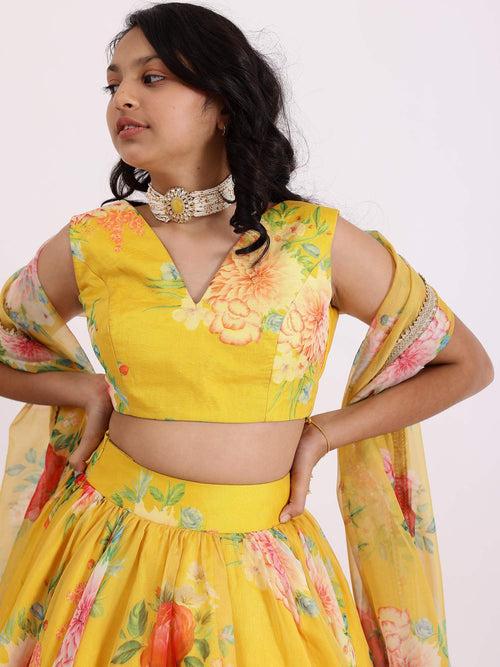 Sample Yellow Sabya Printed Lehenga Set With Top & Dupatta