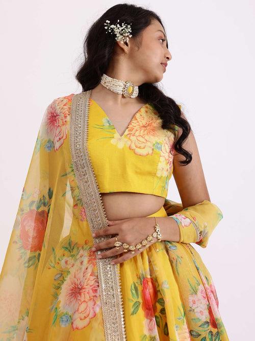 Sample Yellow Sabya Printed Lehenga Set With Top & Dupatta