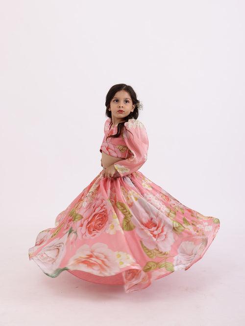 JANYAS CLOSET Peach Pink Printed Floral Poppies Top With Skirt Lehnga