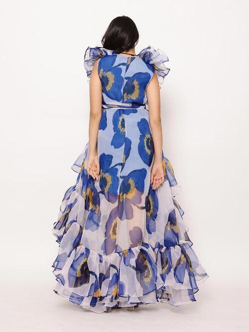 JANYAS CLOSET Blue Floral Printed High-Low Ruffle Dress