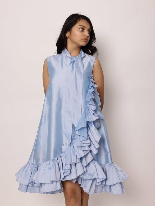 JANYAS CLOSET Blue Elegant Azure Ruffle Dress