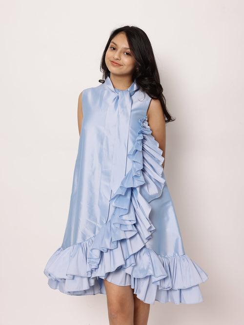 JANYAS CLOSET Blue Elegant Azure Ruffle Dress