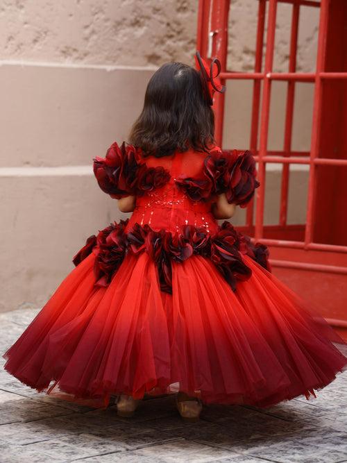 Birthday Red Shaded Ava Roses Gown With hair accessory