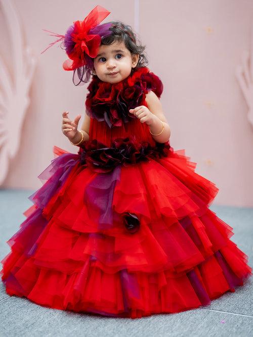 Baby Red Hankies Shaded Drapes Gown With Hair Accessory