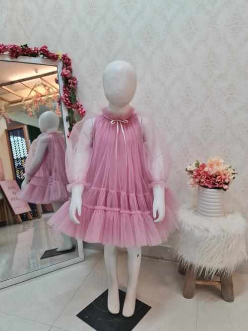 Mauve Pink Preety Party Teens Net Layered Dress with Hair pin*