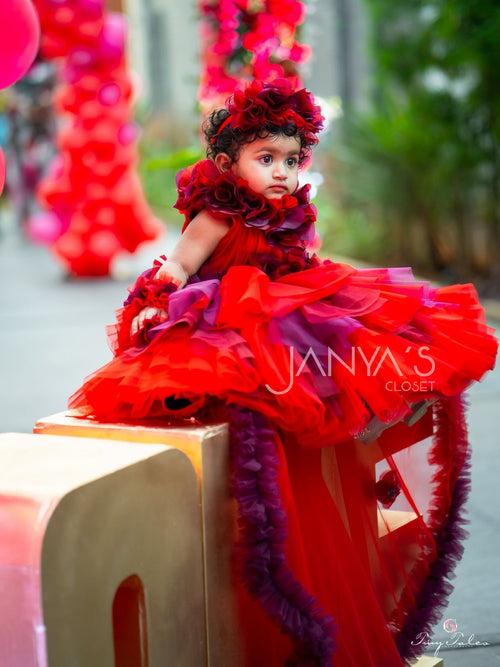 Baby Red Hankies Shaded Drapes Gown With Hair Accessory