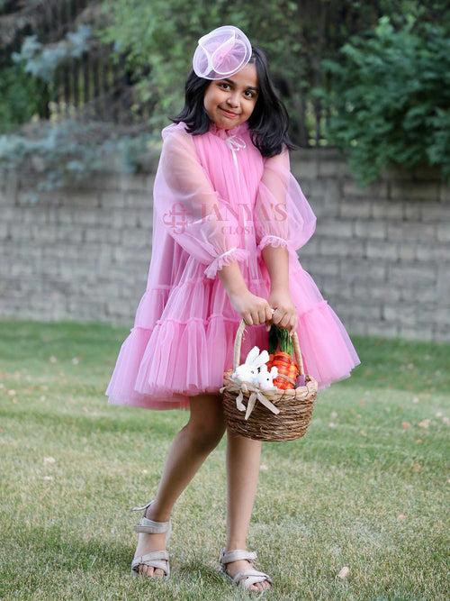 Mauve Pink Preety Party Teens Net Layered Dress with Hair pin*