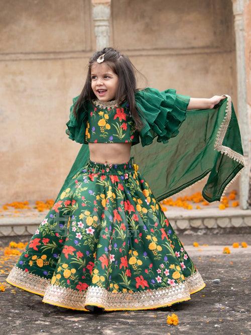 Bottle Green Autmn Bouquet Lehenga Blouse With Dupatta