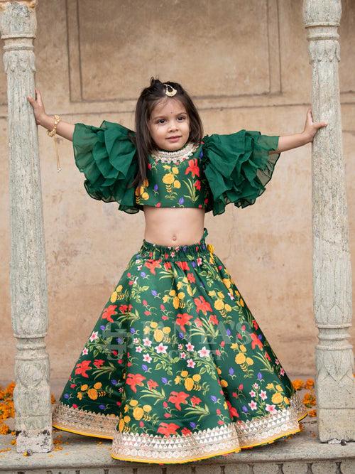 Bottle Green Autmn Bouquet Lehenga Blouse With Dupatta