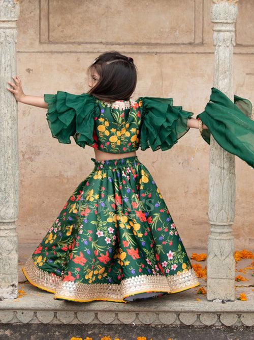 Bottle Green Autmn Bouquet Lehenga Blouse With Dupatta