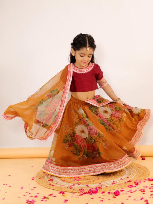 Printed Ochre Organza Lehnga Set With Dupatta