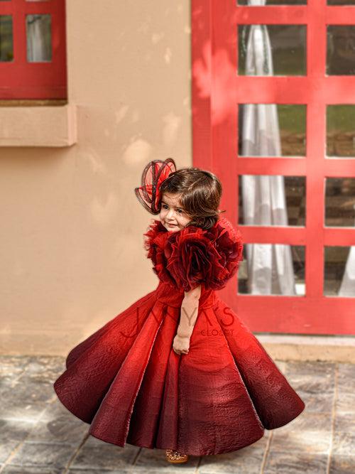 Shaded Red Couture Gown With Hair Accessory