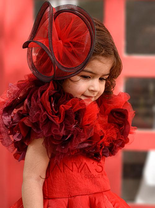 Shaded Red Couture Gown With Hair Accessory