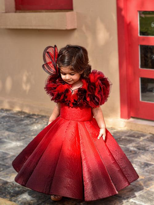 Shaded Red Couture Gown With Hair Accessory