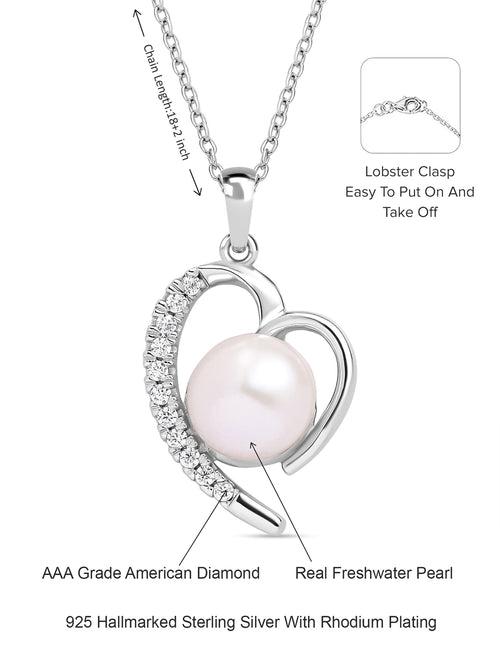 Heart Shape Real Pearl Pendant With Chain In Pure Silver