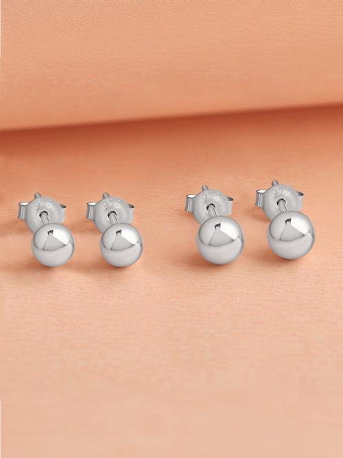 Set Of 2 Pair Ball Silver Stud Earrings 4Mm 5Mm