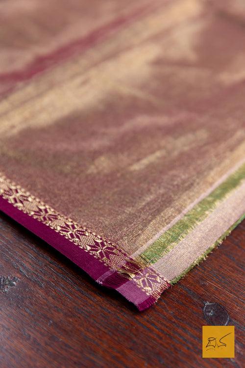 Dhruva- Green Maroon Maheshwari Tissue Handwoven Saree