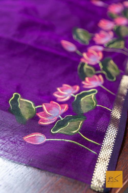 Purple Maheshwari Hand Painted Silk Cotton Handwoven Saree