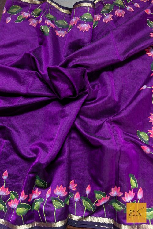 Purple Maheshwari Hand Painted Silk Cotton Handwoven Saree