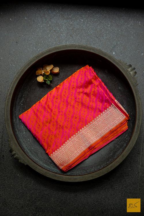 Orange-Pink Banarasi Satin Silk Handwoven Saree