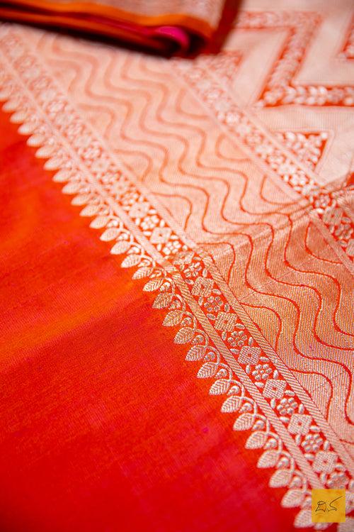 Orange-Pink Banarasi Satin Silk Handwoven Saree