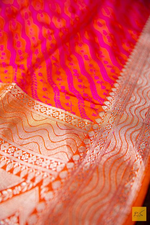 Orange-Pink Banarasi Satin Silk Handwoven Saree