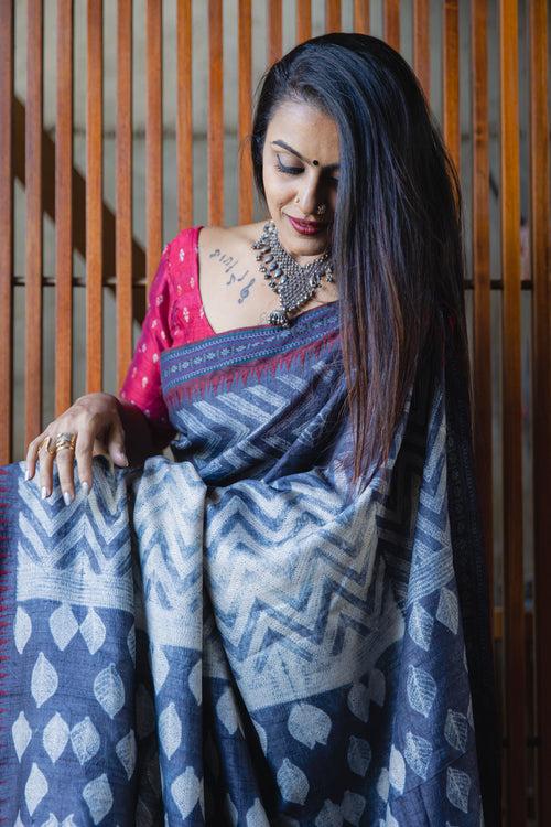 Grey and Maroon Tussar Silk Handmade Shibori Saree