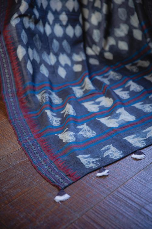 Grey and Maroon Tussar Silk Handmade Shibori Saree