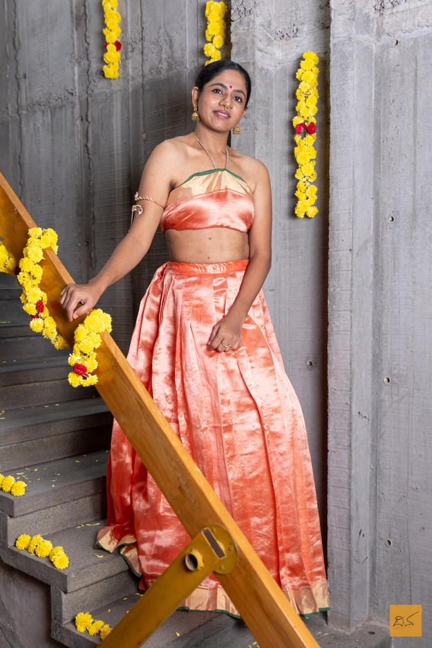 Nithyasri - Orange Chanderi Pure Silk Lehenga