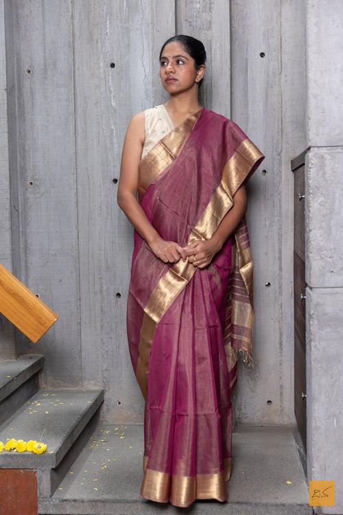 Purple & Gold Maheshwari Silk Cotton Handwoven Saree