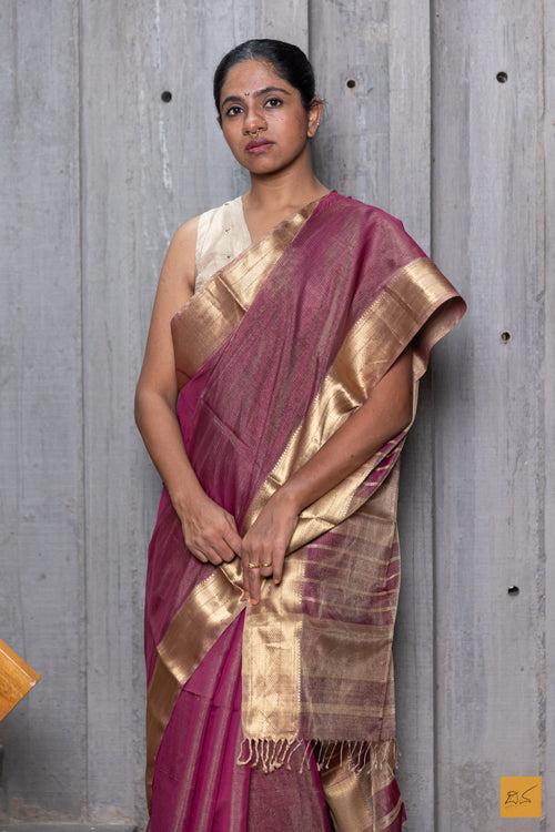 Purple & Gold Maheshwari Silk Cotton Handwoven Saree