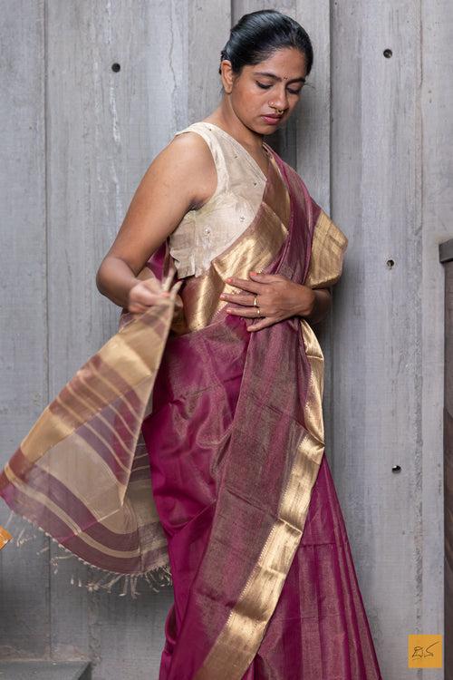 Purple & Gold Maheshwari Silk Cotton Handwoven Saree