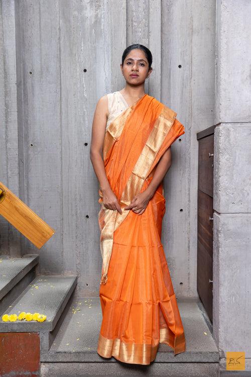 Orange & Gold Maheshwari Silk Cotton Handwoven Saree