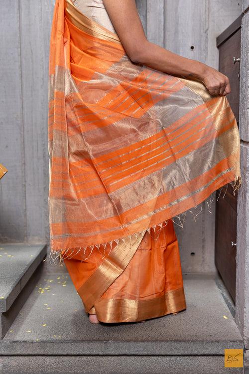 Orange & Gold Maheshwari Silk Cotton Handwoven Saree