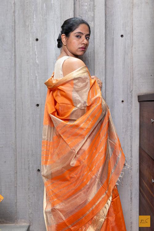 Orange & Gold Maheshwari Silk Cotton Handwoven Saree