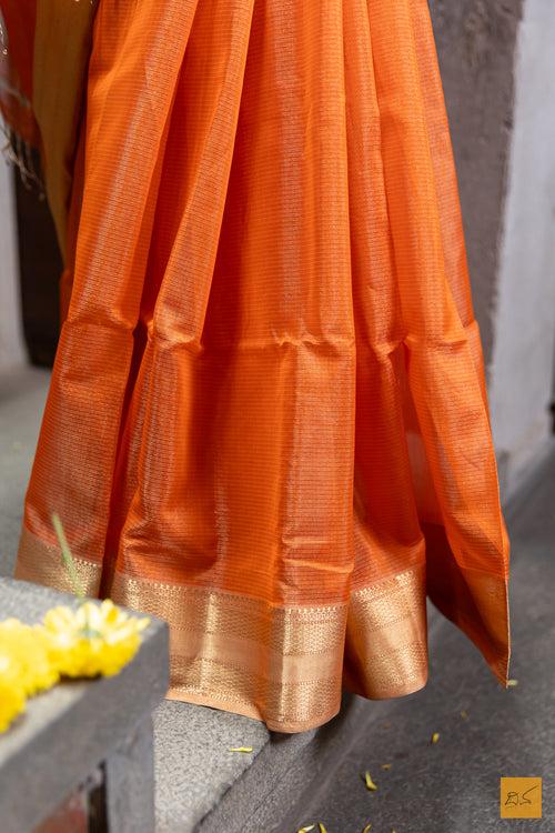 Orange & Gold Maheshwari Silk Cotton Handwoven Saree