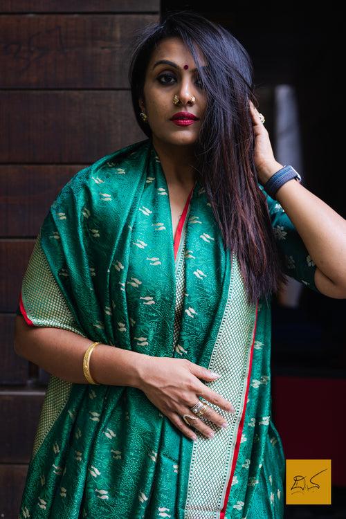 Harita- Green-Red Banarasi Katan Silk Handwoven Saree