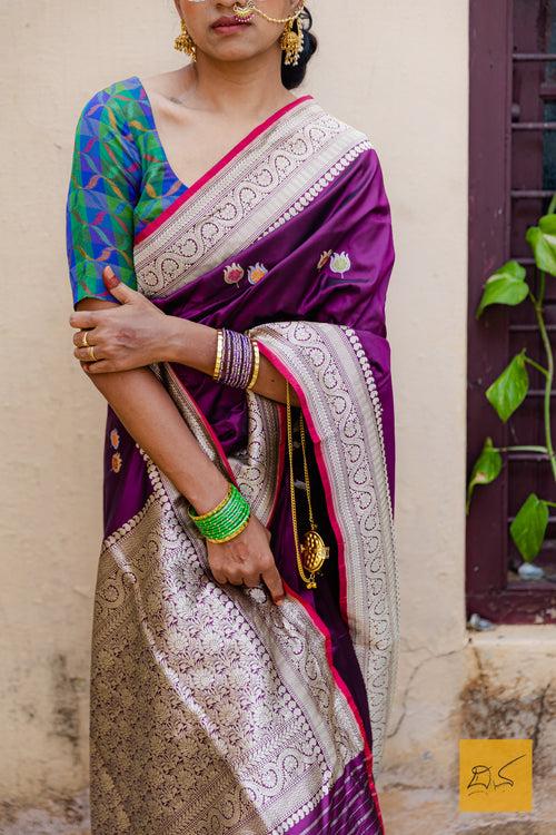 Nalini - Purple Banarasi Katan Silk Handwoven Saree