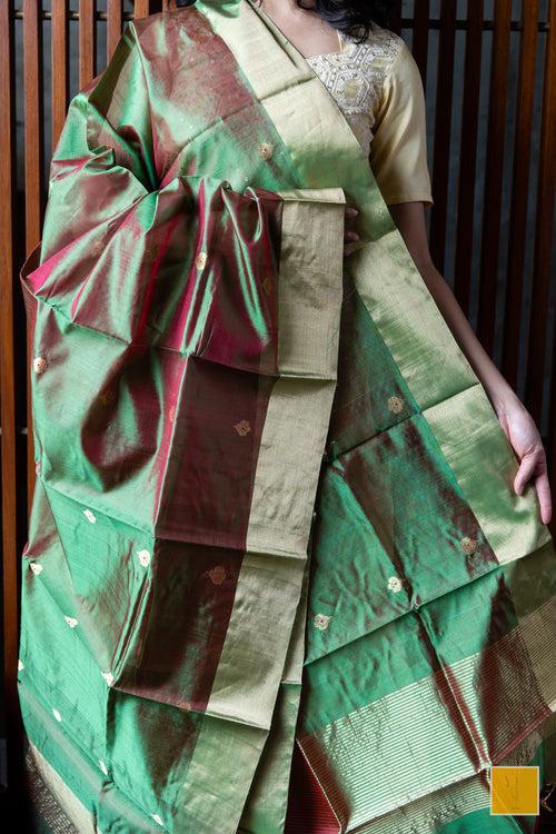 Green And Red Dual Tone Handwoven Chanderi Silk Dupatta With Buttas