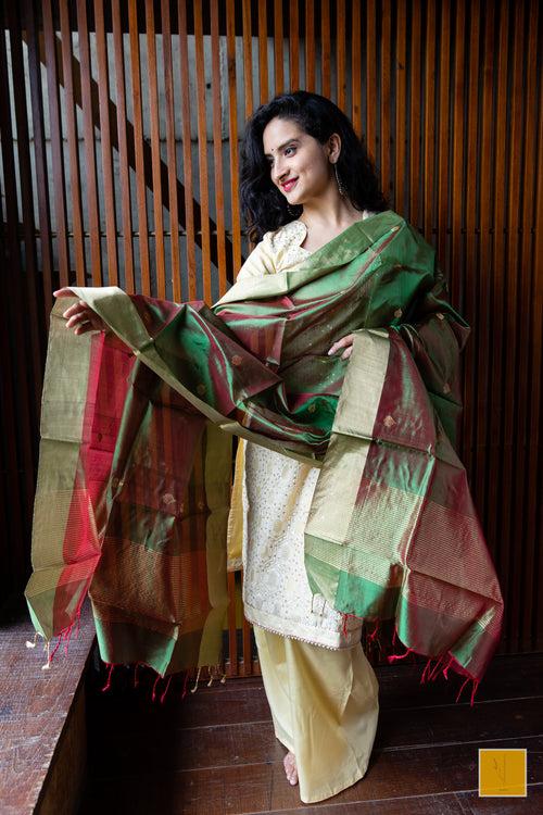 Green And Red Dual Tone Handwoven Chanderi Silk Dupatta With Buttas