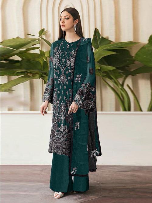 Odette Dark Green Georgette Embroidered Semi Stitched Salwar Suit For Women