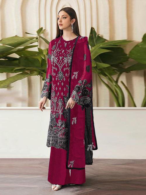 Odette Dark Pink Georgette Embroidered Semi Stitched Salwar Suit For Women