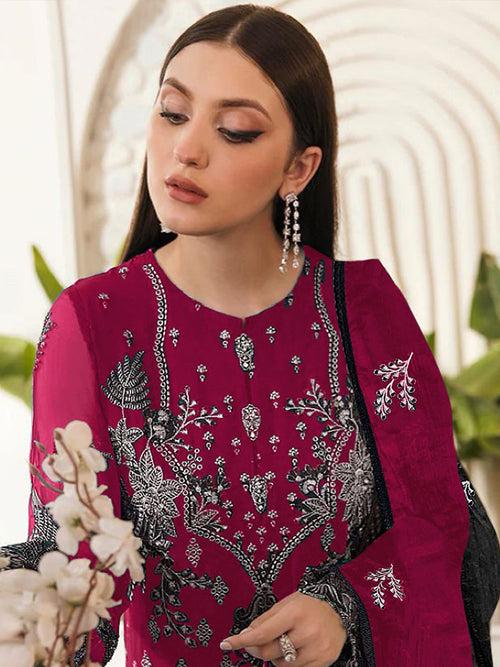 Odette Dark Pink Georgette Embroidered Semi Stitched Salwar Suit For Women