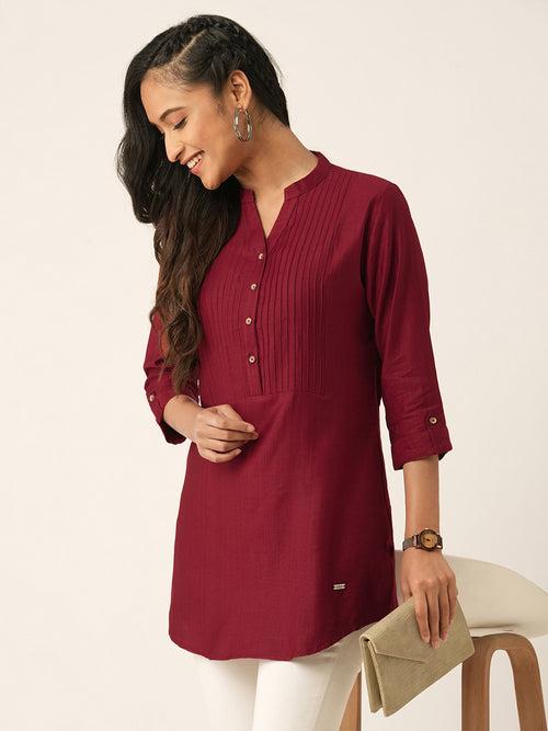 Odette Maroon Printed Rayon Stitched Short Kurta For Women