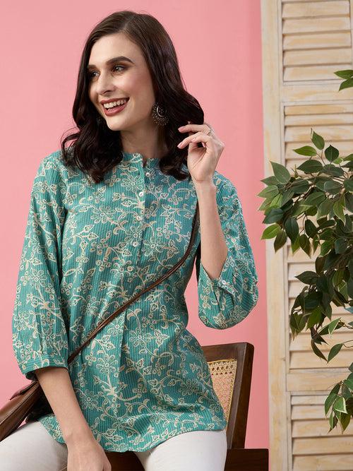 Odette Teal Printed Cotton Stitched Short Kurta For Women