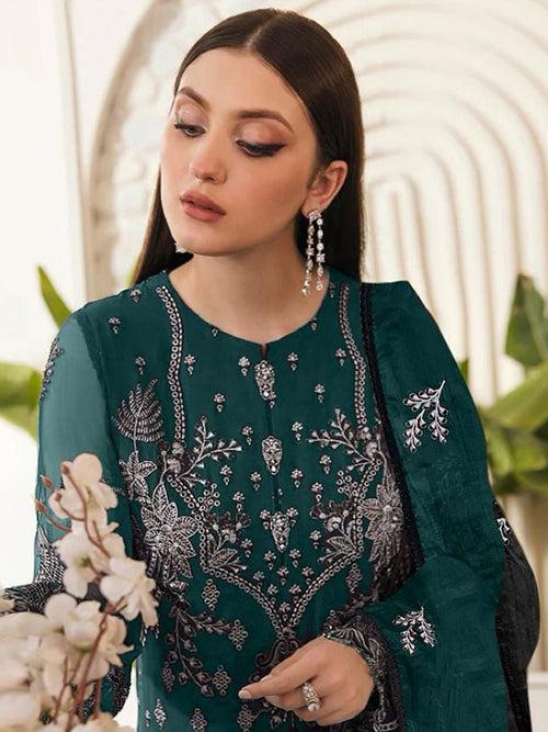 Odette Dark Green Georgette Embroidered Semi Stitched Salwar Suit For Women